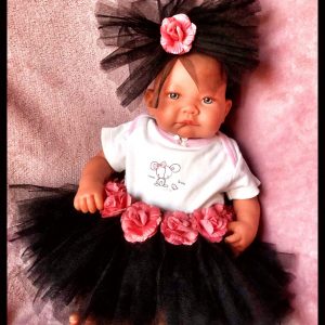 Fekete tüll rózsaszín rózsás szoknya és fejdísz szett 0-1 éves kislányra