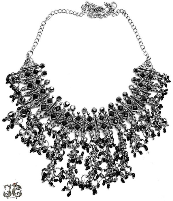 Fekete köves gyöngyös ezüst indiai nyaklánc