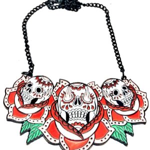 Piros rózsás koponyás tattoo nyaklánc